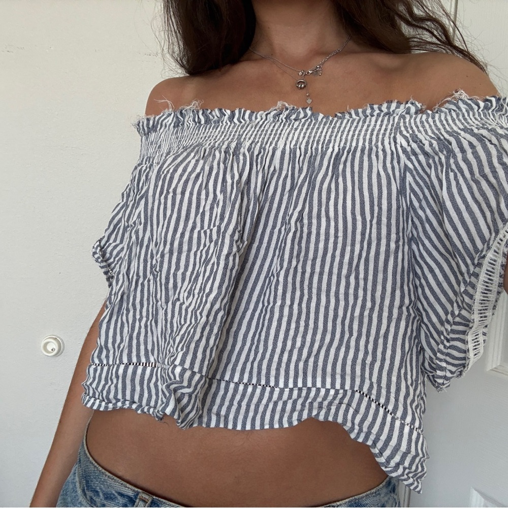 Striped Off-Shoulder Top - Blue and White